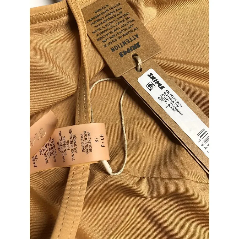 Skims Recycled Swim High Neck Top Sexy Tie Back Bikini Top Ochre NWT Size Small
